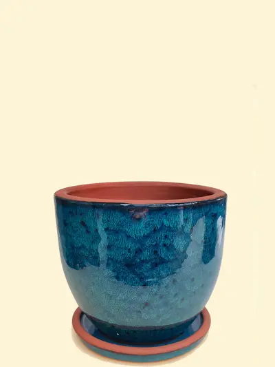 Mavi Desenli Sırlı Saksı No 2 Ø20cm